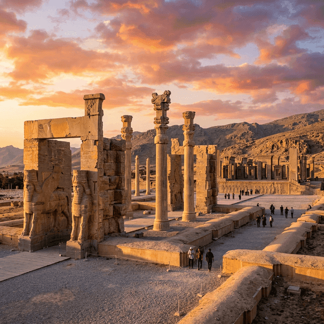 Ancient Persepolis ruins at sunset with majestic stone columns